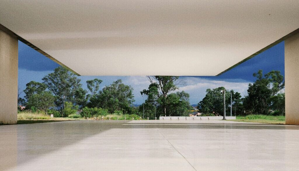 An empty concrete floor that looks out over a park